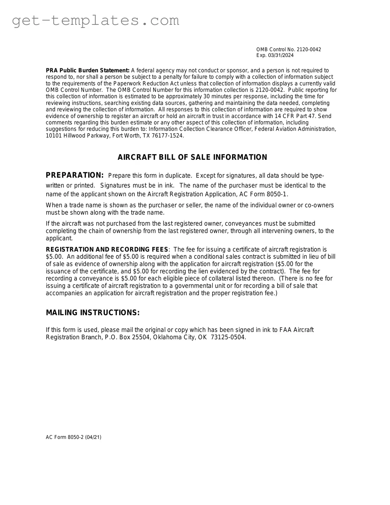 Fill in a Valid Aircraft Bill of Sale AC 8050-2 Template