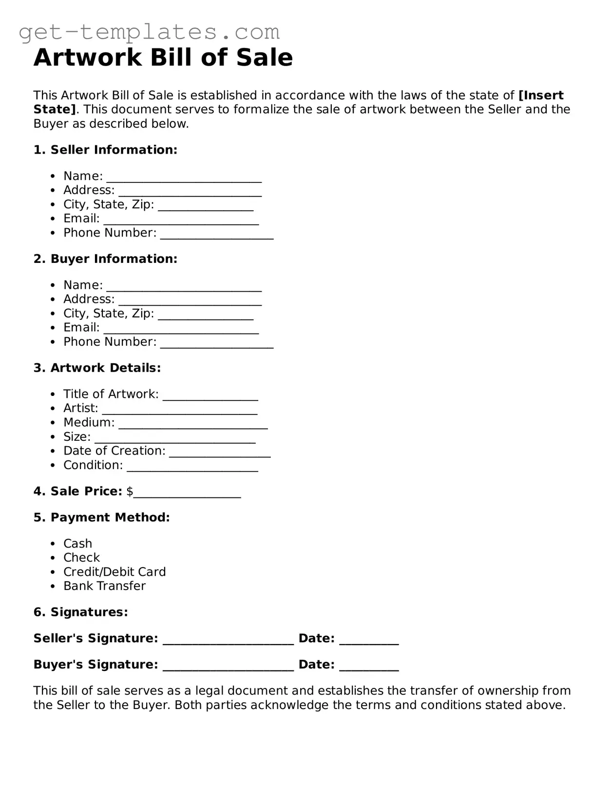 Attorney-Approved Artwork Bill of Sale Form
