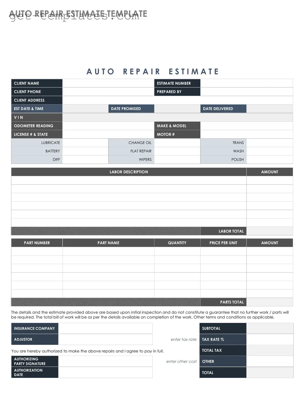 Fill in a Valid Auto Repair Estimate Template
