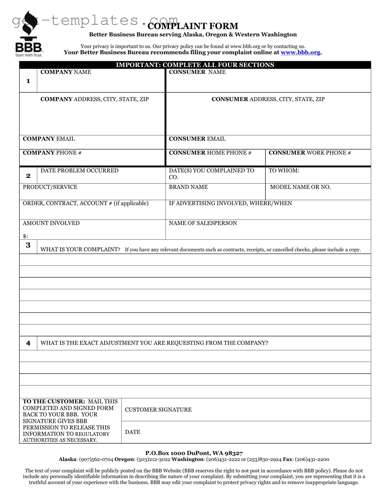 Fill in a Valid Bbb Complaint Template