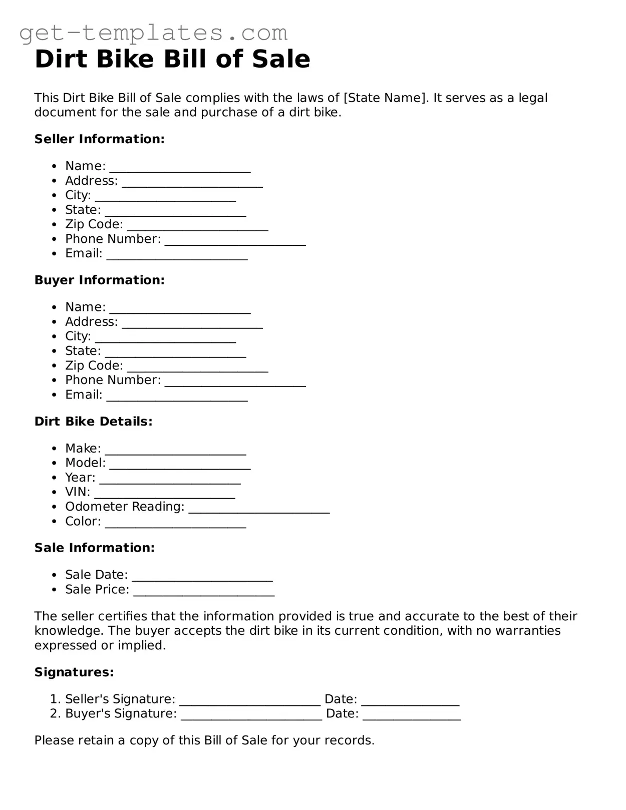 Attorney-Approved Dirt Bike Bill of Sale Form