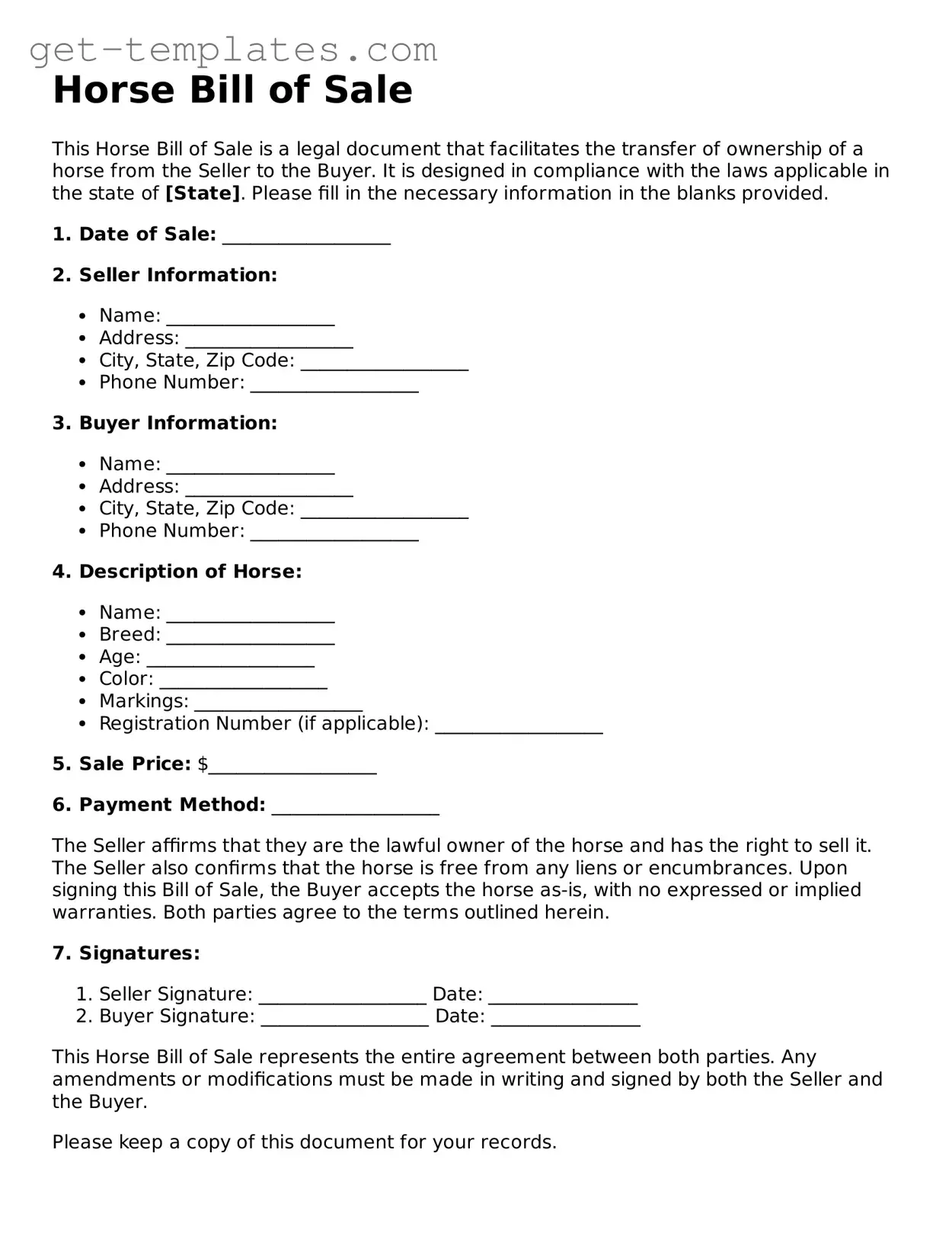 Attorney-Approved Horse Bill of Sale Form
