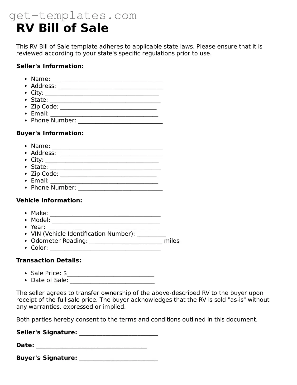 Attorney-Approved RV Bill of Sale Form