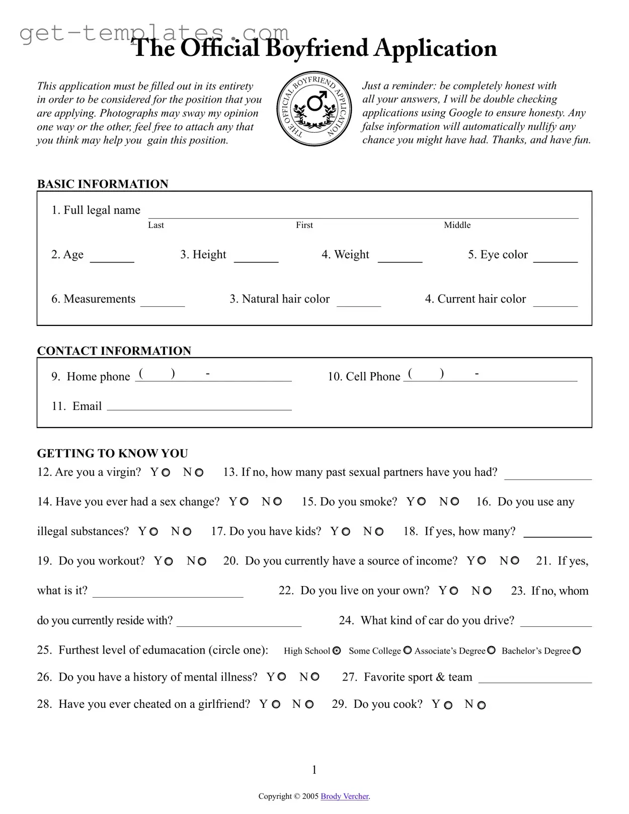 Fill in a Valid Boyfriend application form Template