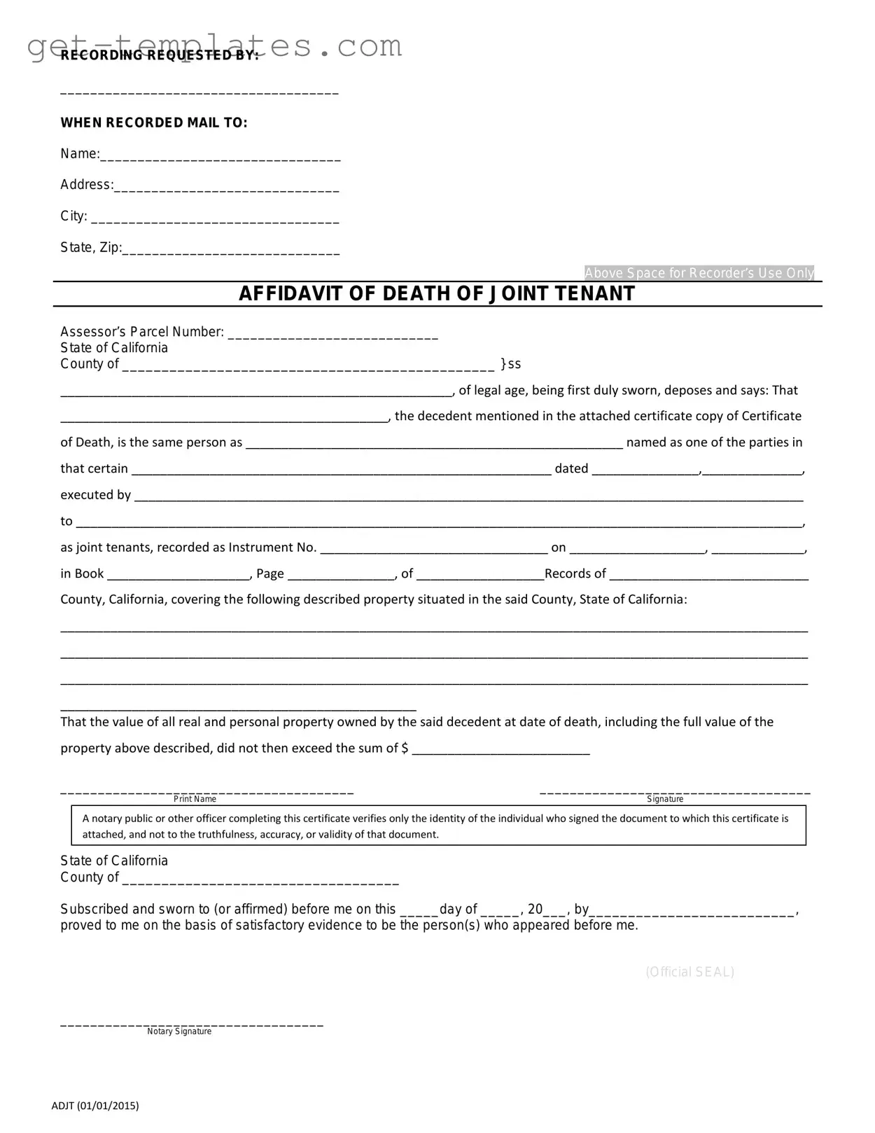 Fill in a Valid California Death of a Joint Tenant Affidavit Template