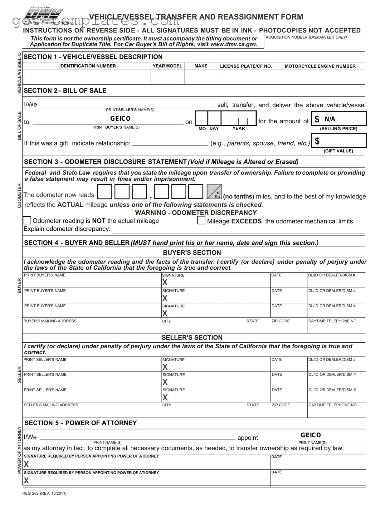 Fill in a Valid California Fotm Reg 262 Template
