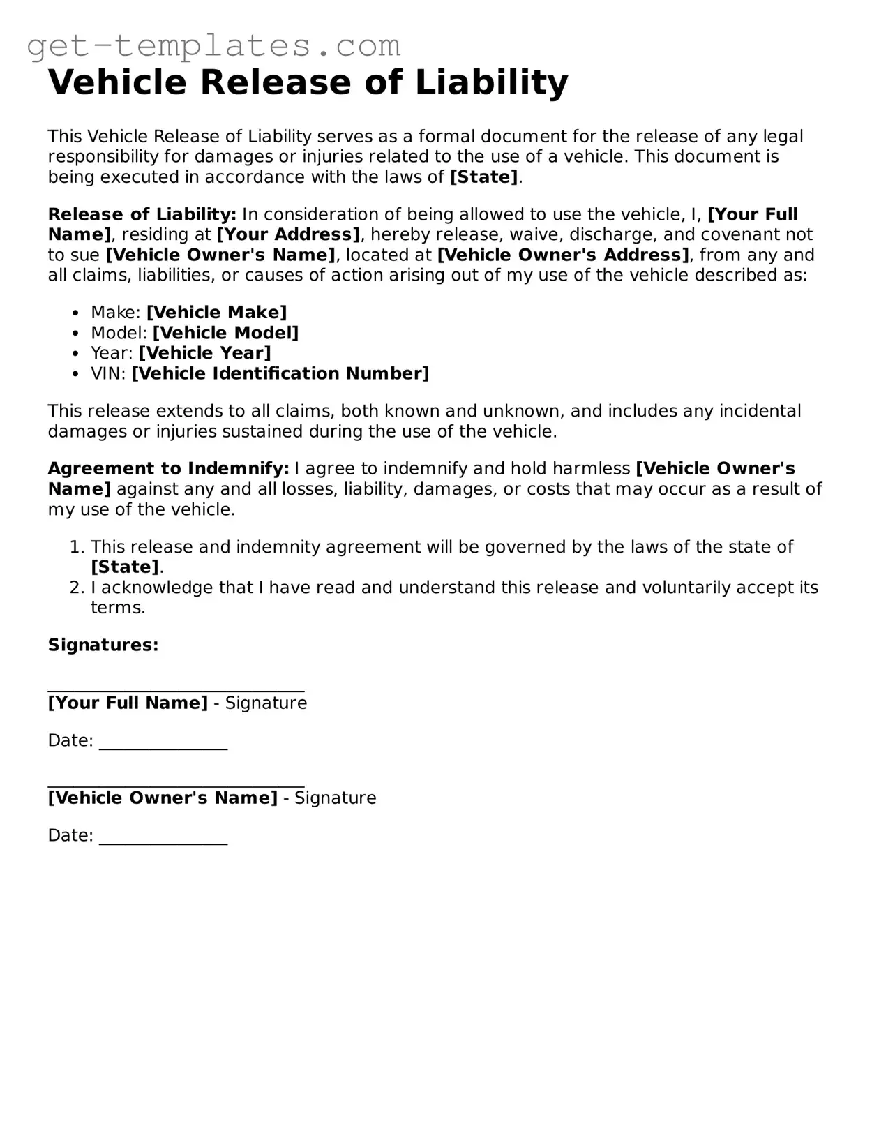 Attorney-Approved Vehicle Release of Liability Form