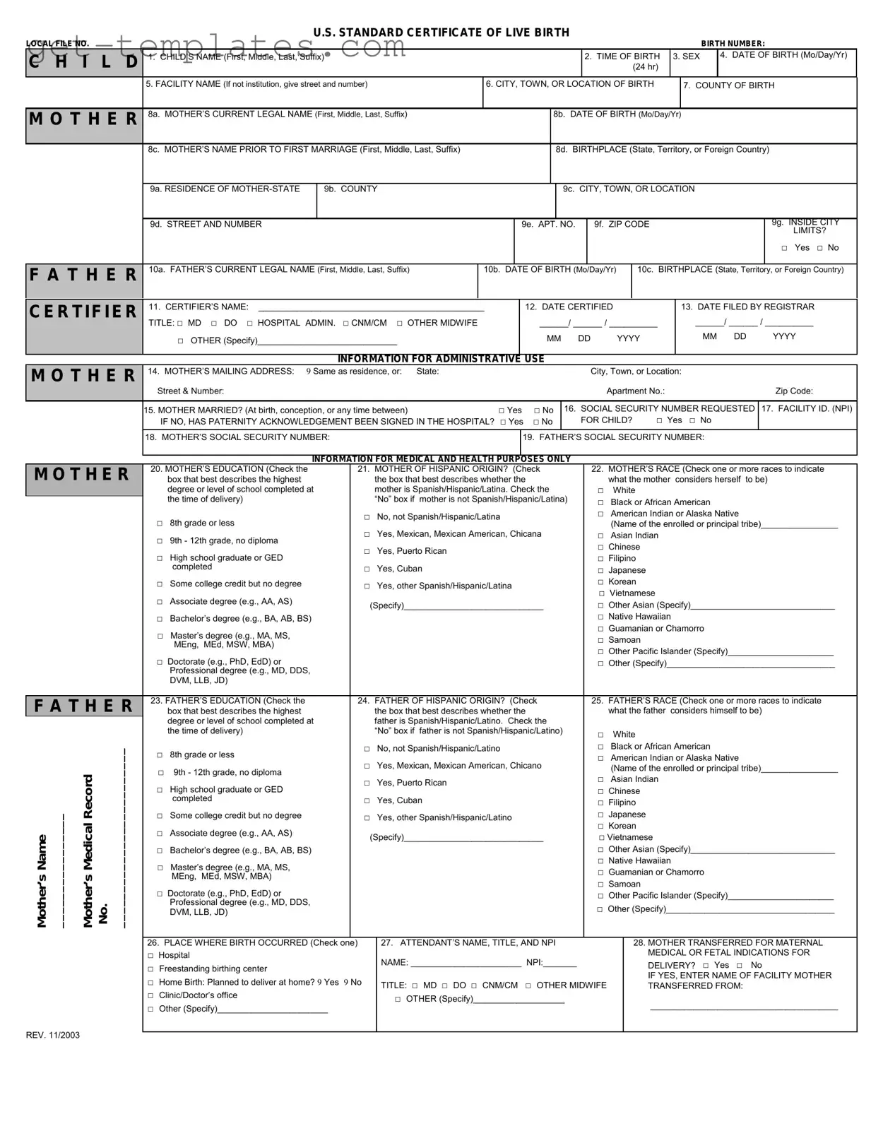 Fill in a Valid CDC U.S. Standard Certificate of Live Birth Template