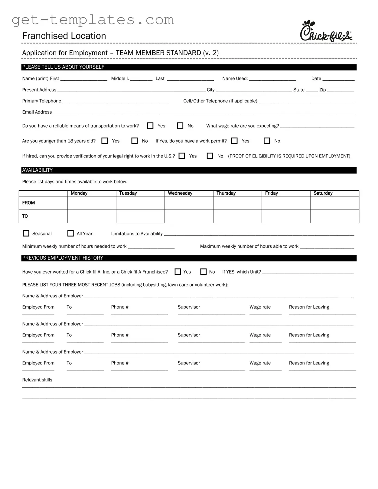 Fill in a Valid Chick Fil A Job Application Template