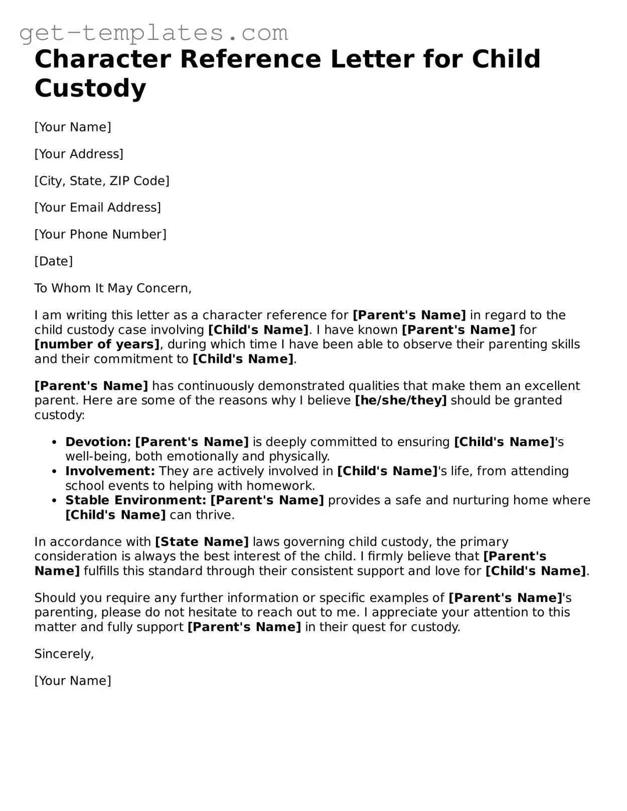 Attorney-Approved Character Reference Letter for Child Custody Form