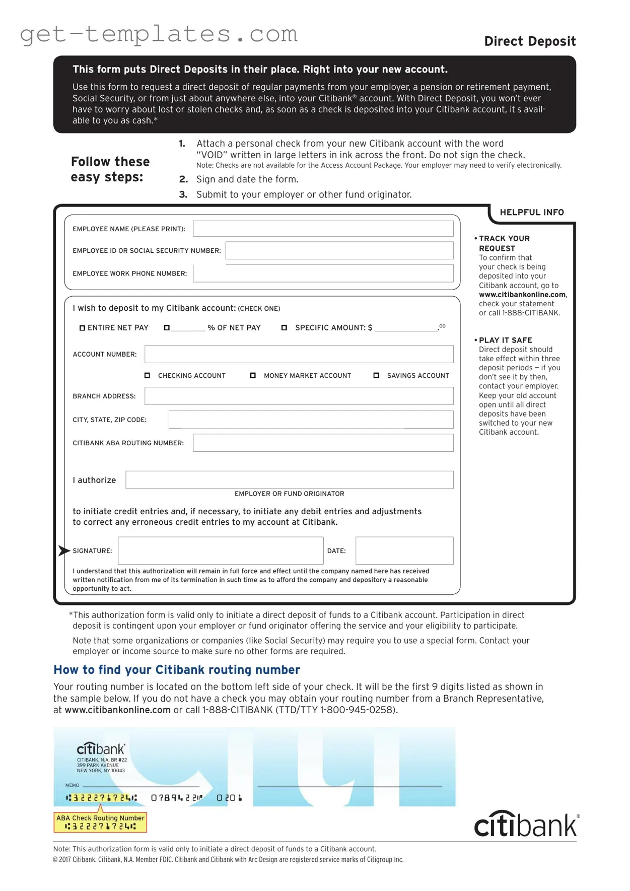 Fill in a Valid Citibank Direct Deposit Template