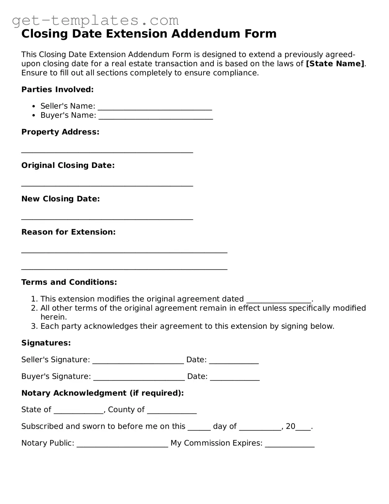 Attorney-Approved Closing Date Extension Addendum Form Form