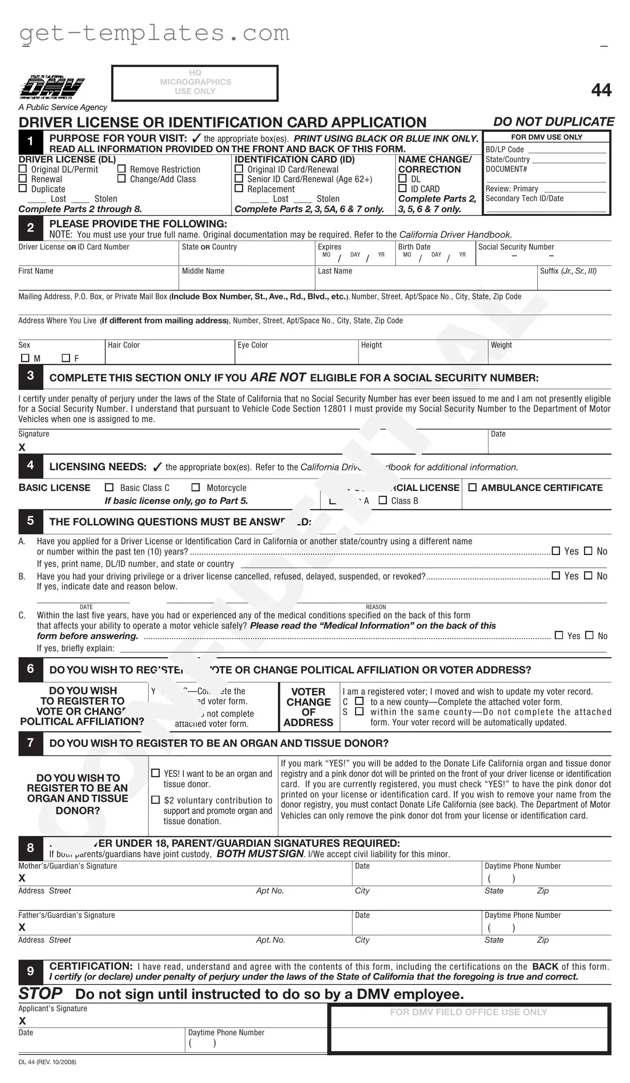 Fill in a Valid Ca Dmv Dl 44 Template