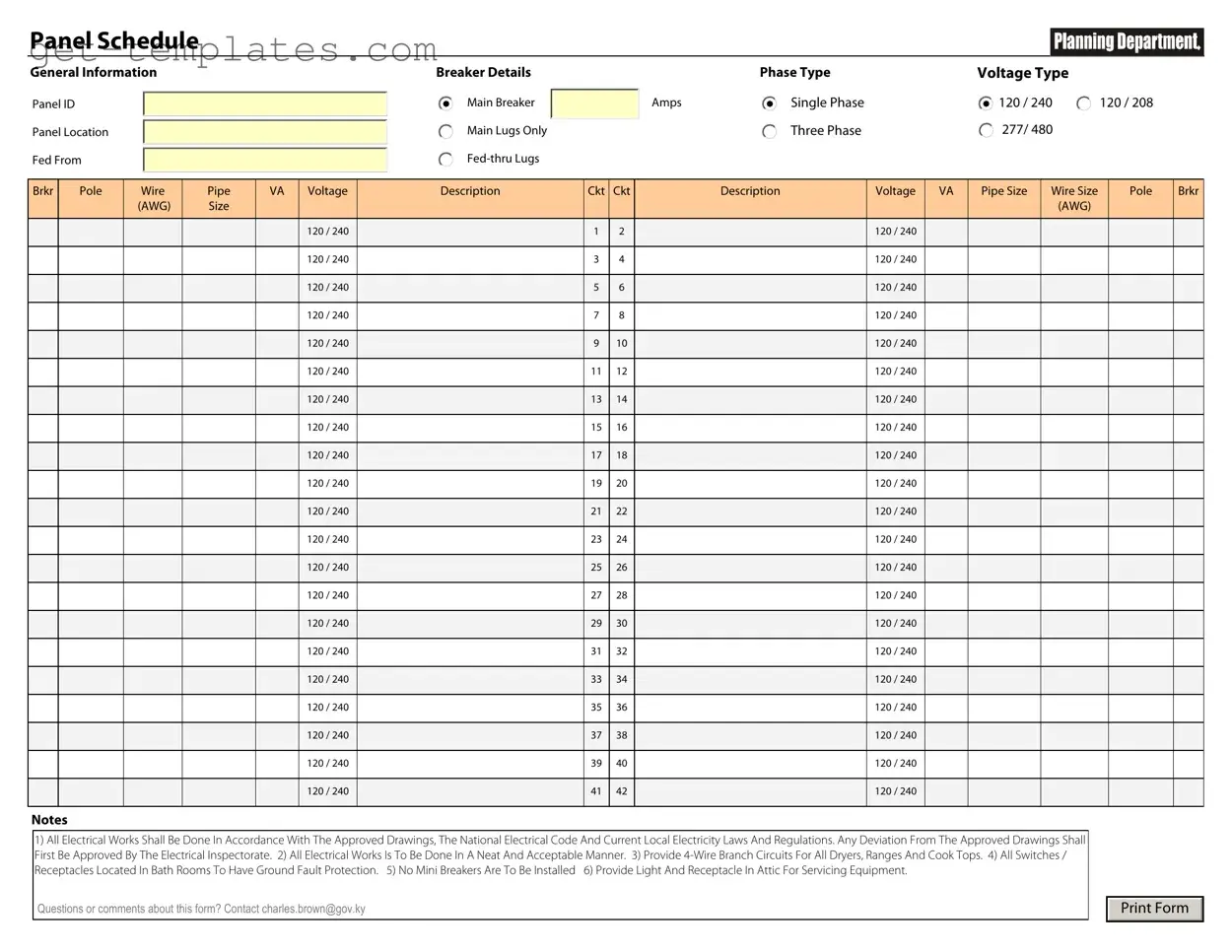 Fill in a Valid Electrical Panel Schedule Template