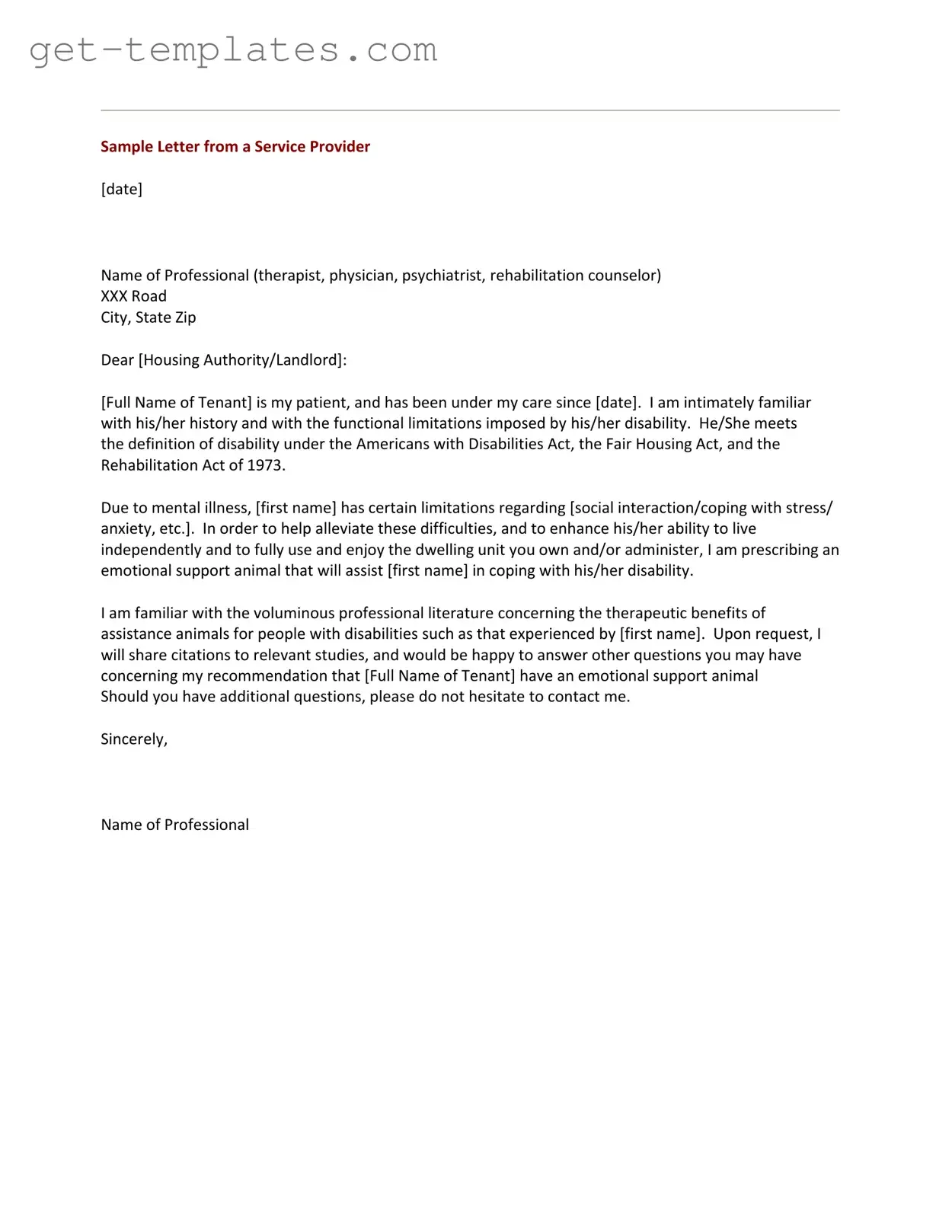 Fill in a Valid Emotional Support Animal Letter Template