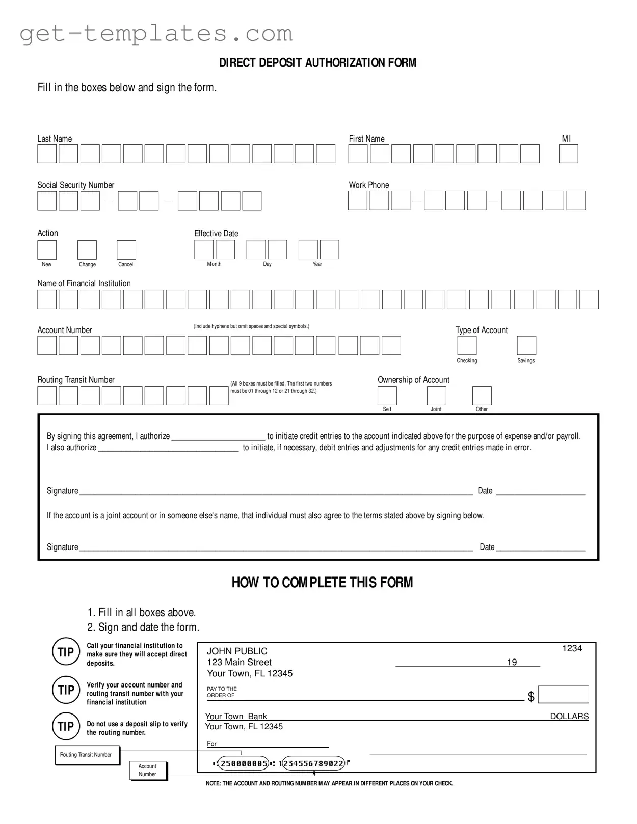 Fill in a Valid Generic Direct Deposit Template