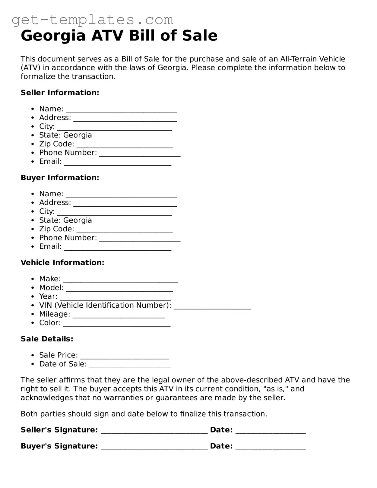 Attorney-Approved  ATV Bill of Sale Document for Georgia