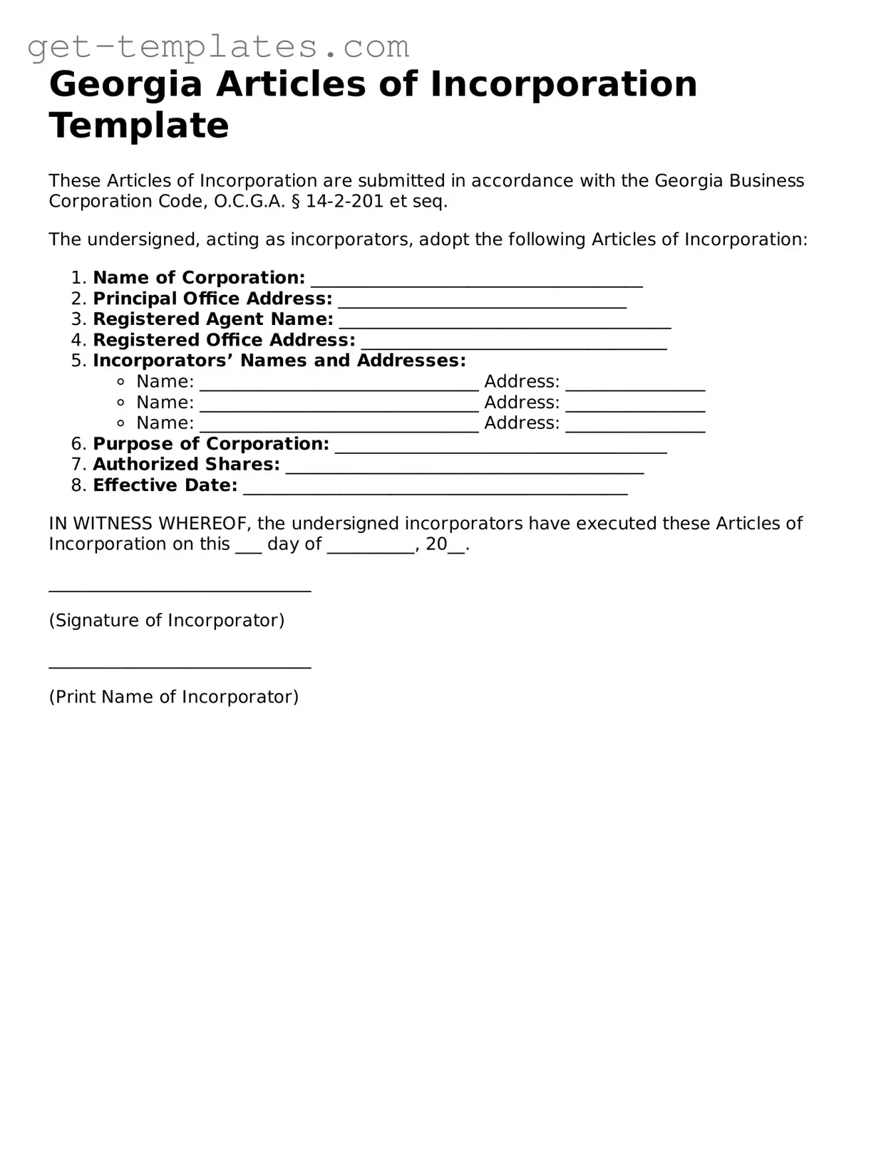 Attorney-Approved  Articles of Incorporation Document for Georgia