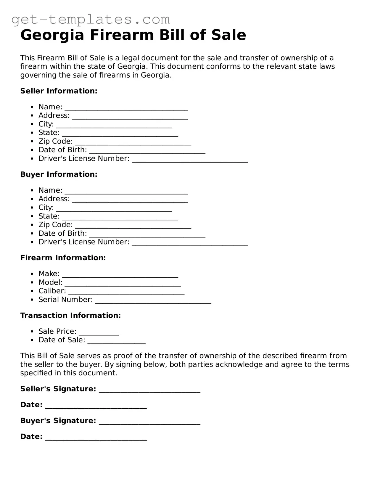 Attorney-Approved  Firearm Bill of Sale Document for Georgia