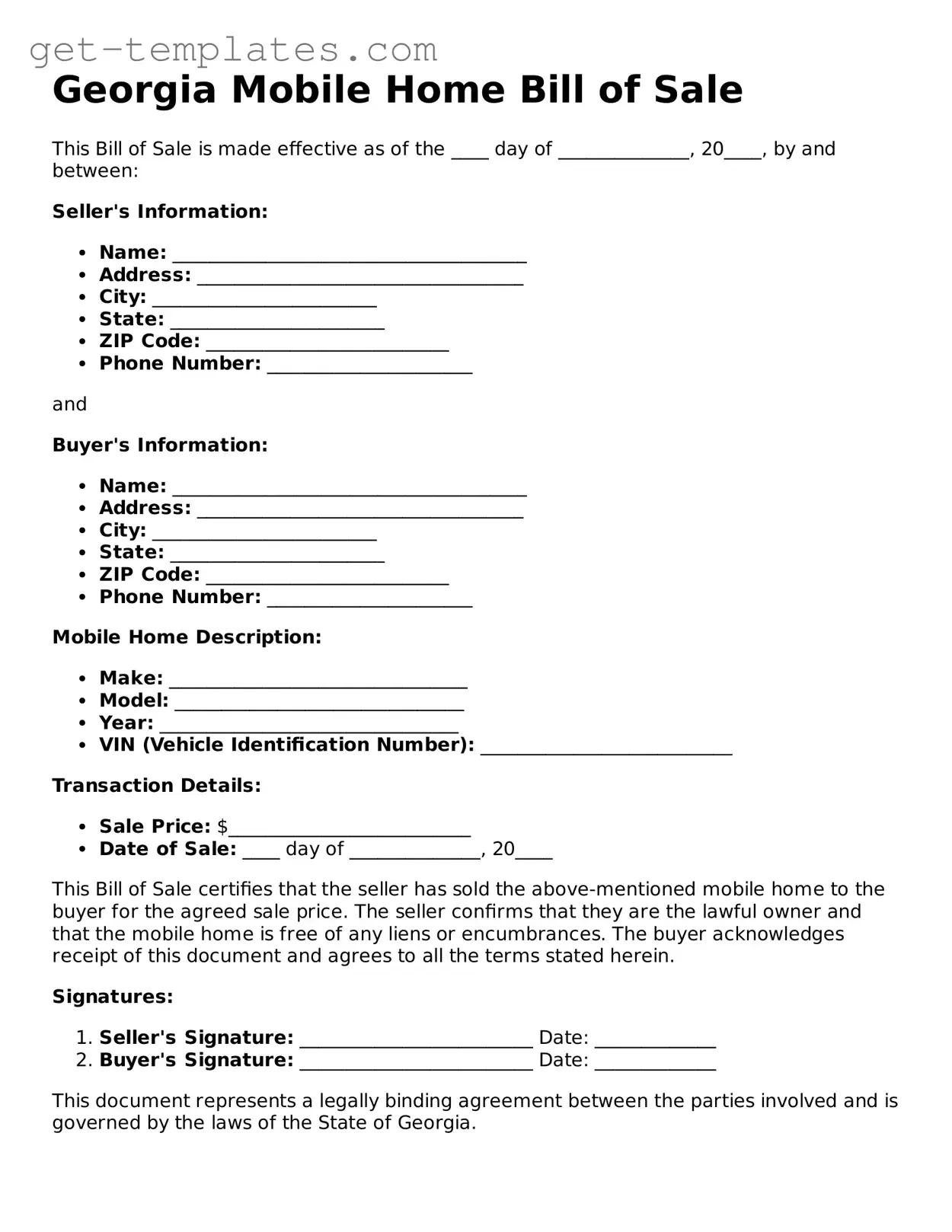 Attorney-Approved  Mobile Home Bill of Sale Document for Georgia