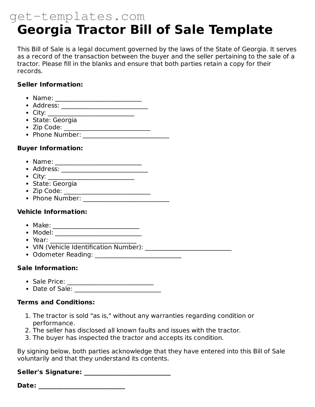 Attorney-Approved  Tractor Bill of Sale Document for Georgia