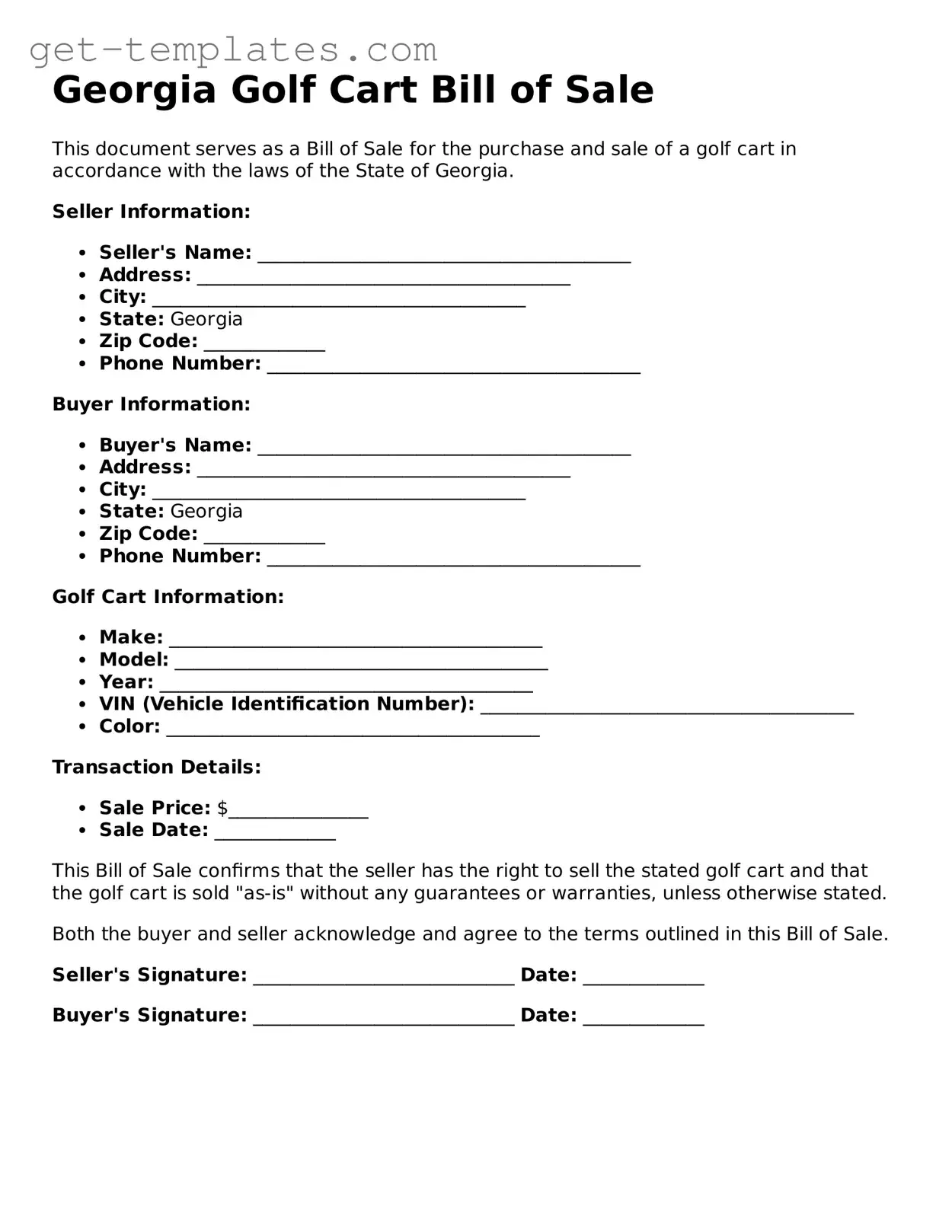 Attorney-Approved  Golf Cart Bill of Sale Document for Georgia
