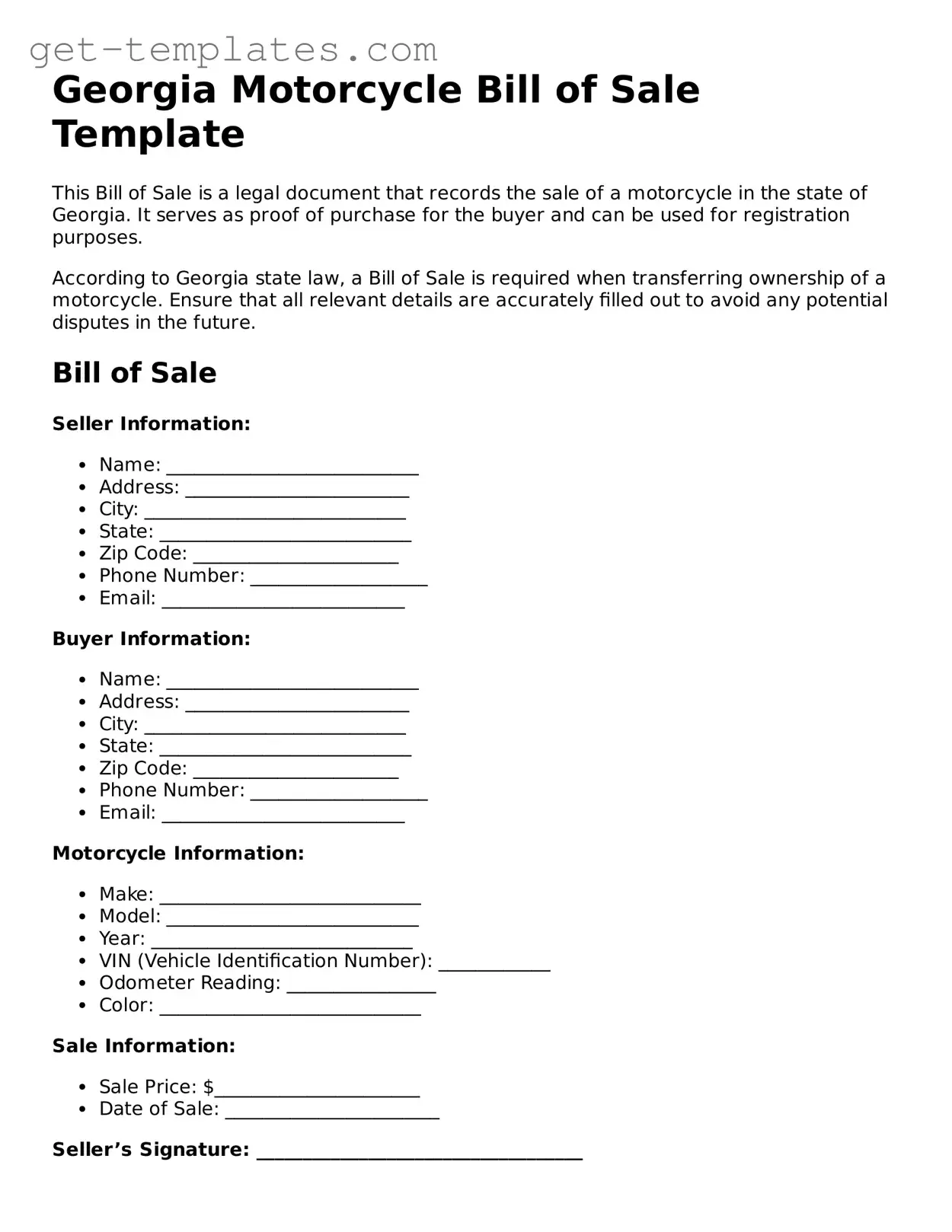 Attorney-Approved  Motorcycle Bill of Sale Document for Georgia