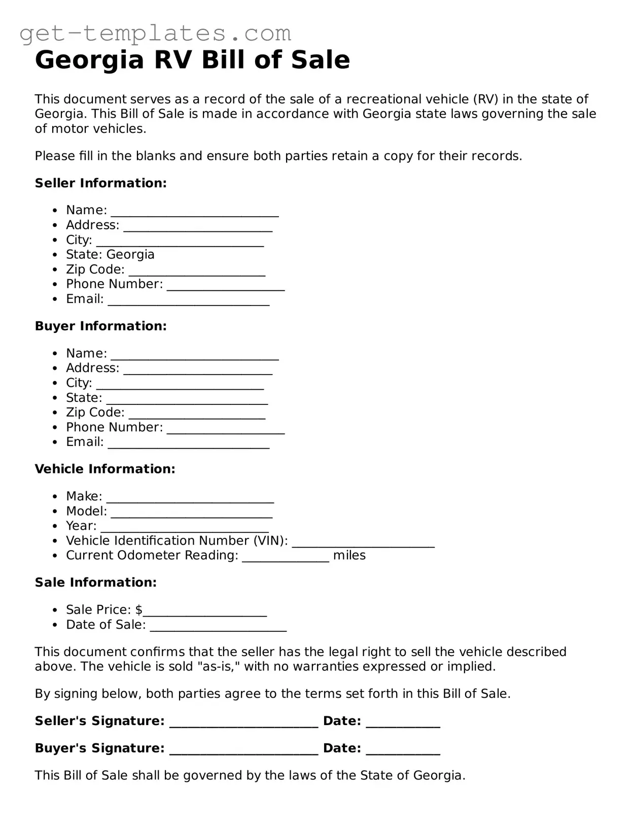 Attorney-Approved  RV Bill of Sale Document for Georgia
