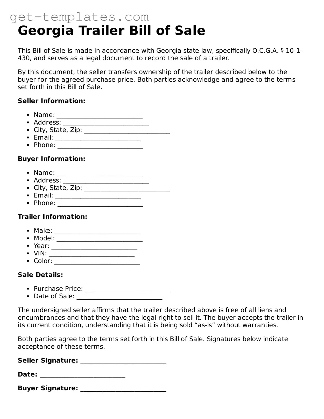 Attorney-Approved  Trailer Bill of Sale Document for Georgia