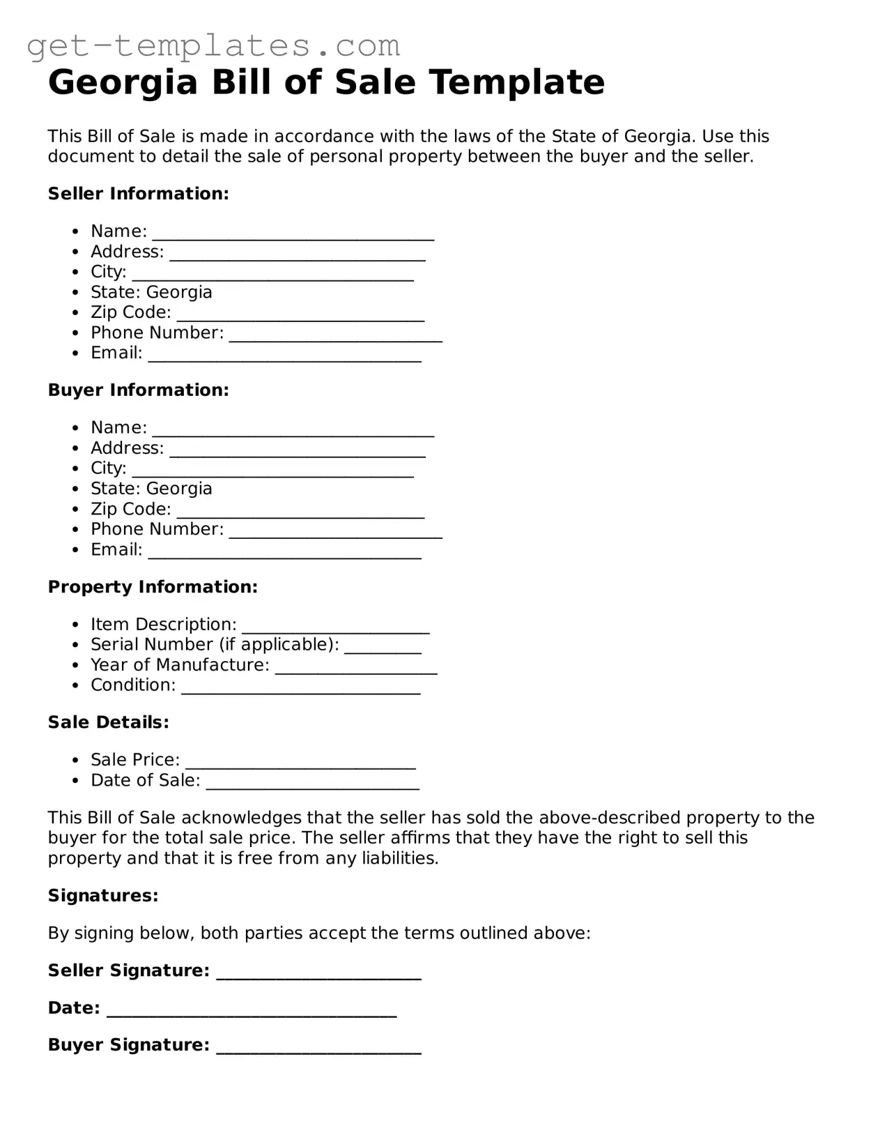 Attorney-Approved  Bill of Sale Document for Georgia