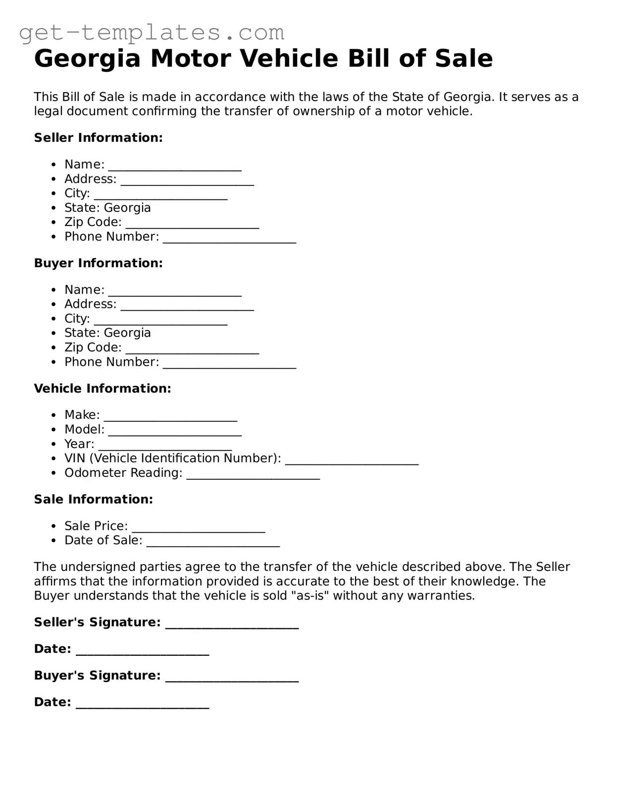 Attorney-Approved  Motor Vehicle Bill of Sale Document for Georgia