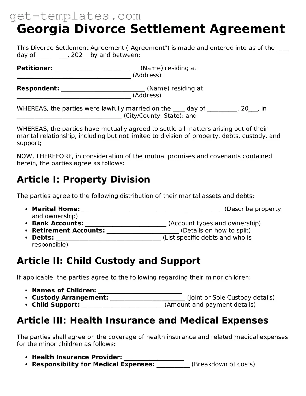 Attorney-Approved  Divorce Settlement Agreement Document for Georgia