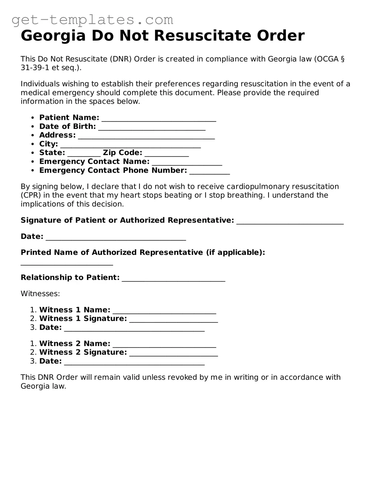 Attorney-Approved  Do Not Resuscitate Order Document for Georgia