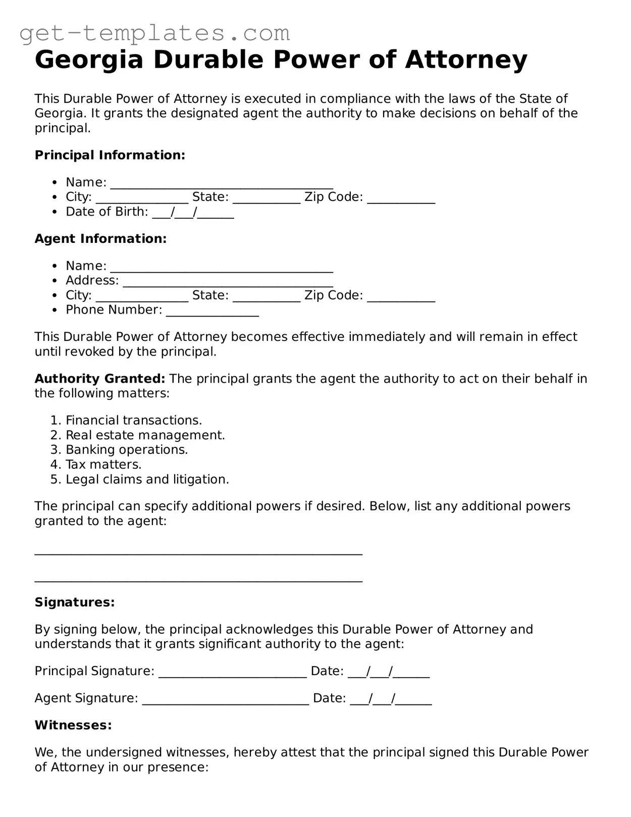 Attorney-Approved  Durable Power of Attorney Document for Georgia