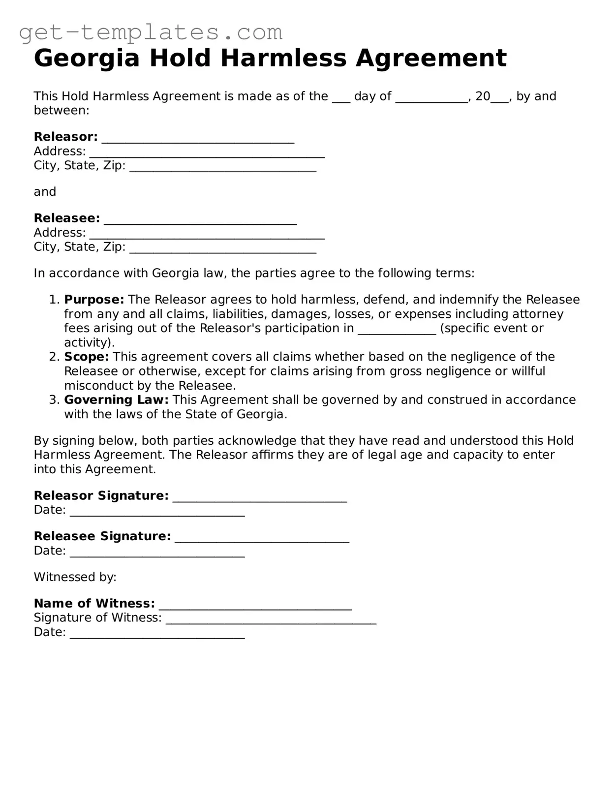 Attorney-Approved  Hold Harmless Agreement Document for Georgia
