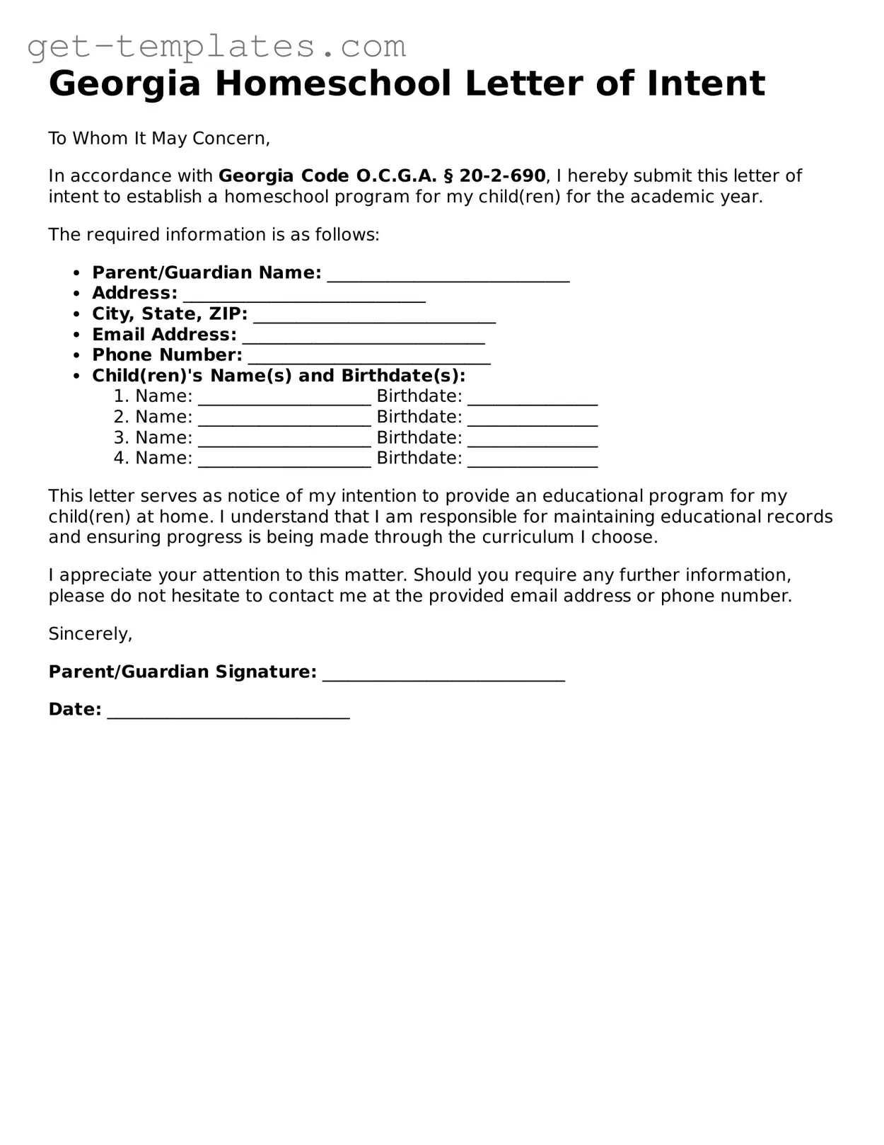 Attorney-Approved  Homeschool Letter of Intent Document for Georgia
