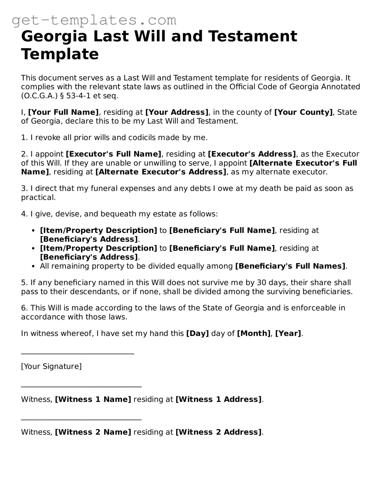 Attorney-Approved  Last Will and Testament Document for Georgia