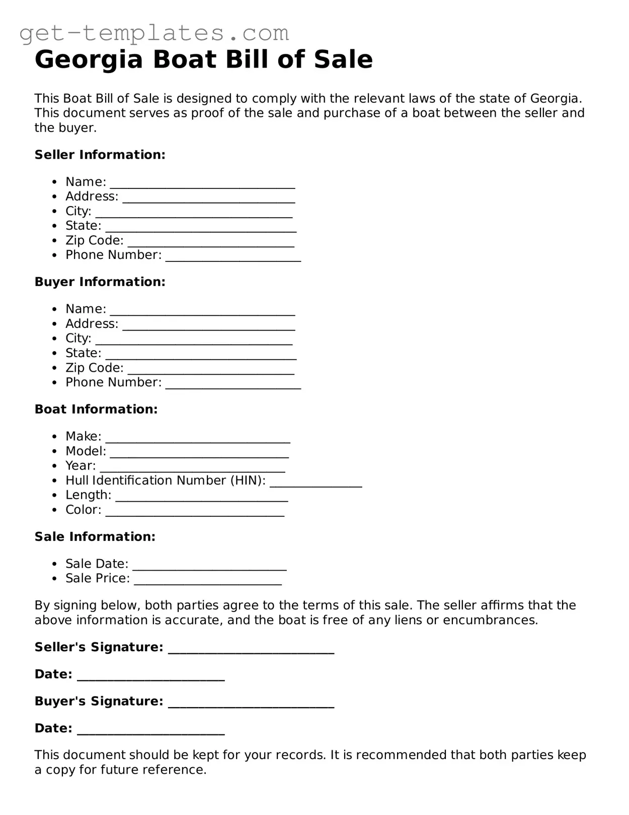 Attorney-Approved  Boat Bill of Sale Document for Georgia