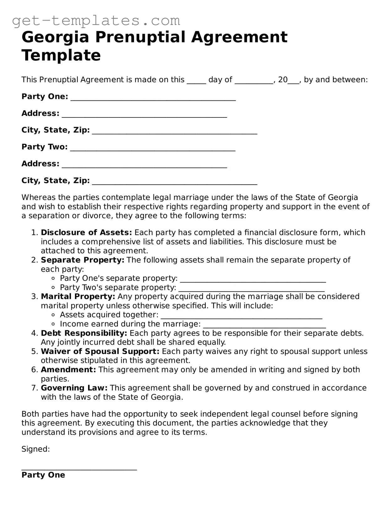 Attorney-Approved  Prenuptial Agreement Document for Georgia