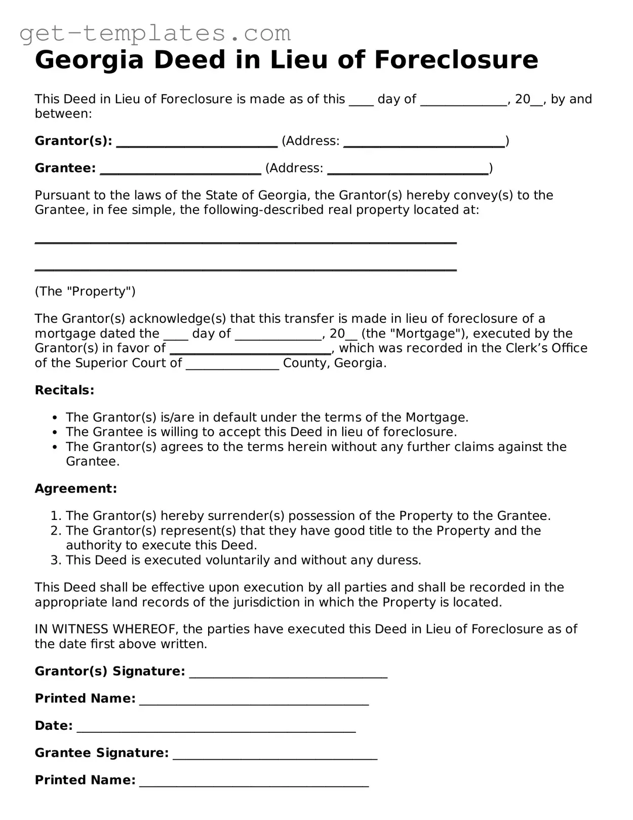Attorney-Approved  Deed in Lieu of Foreclosure Document for Georgia