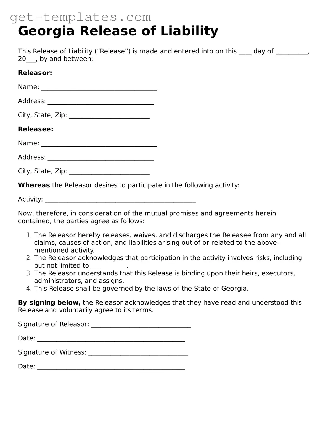 Attorney-Approved  Release of Liability Document for Georgia
