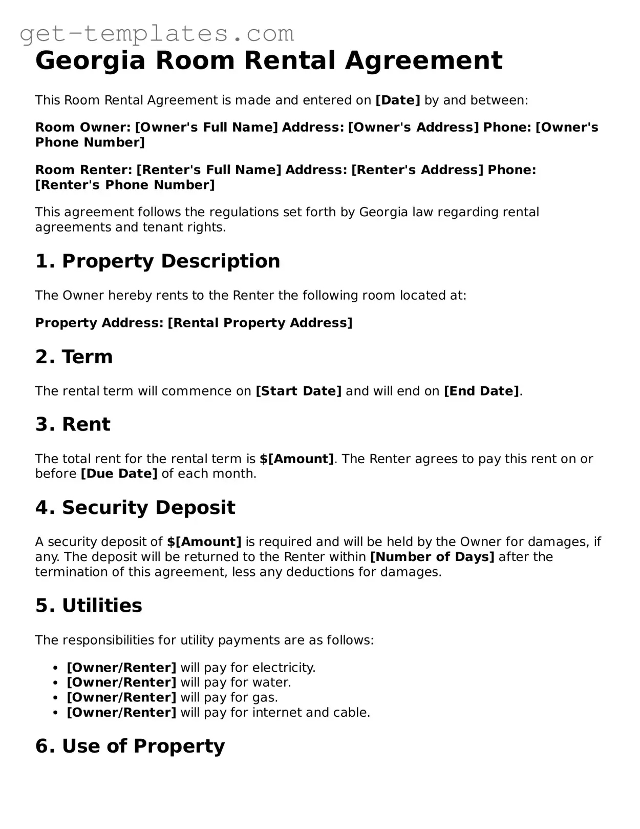 Attorney-Approved  Room Rental Agreement Document for Georgia