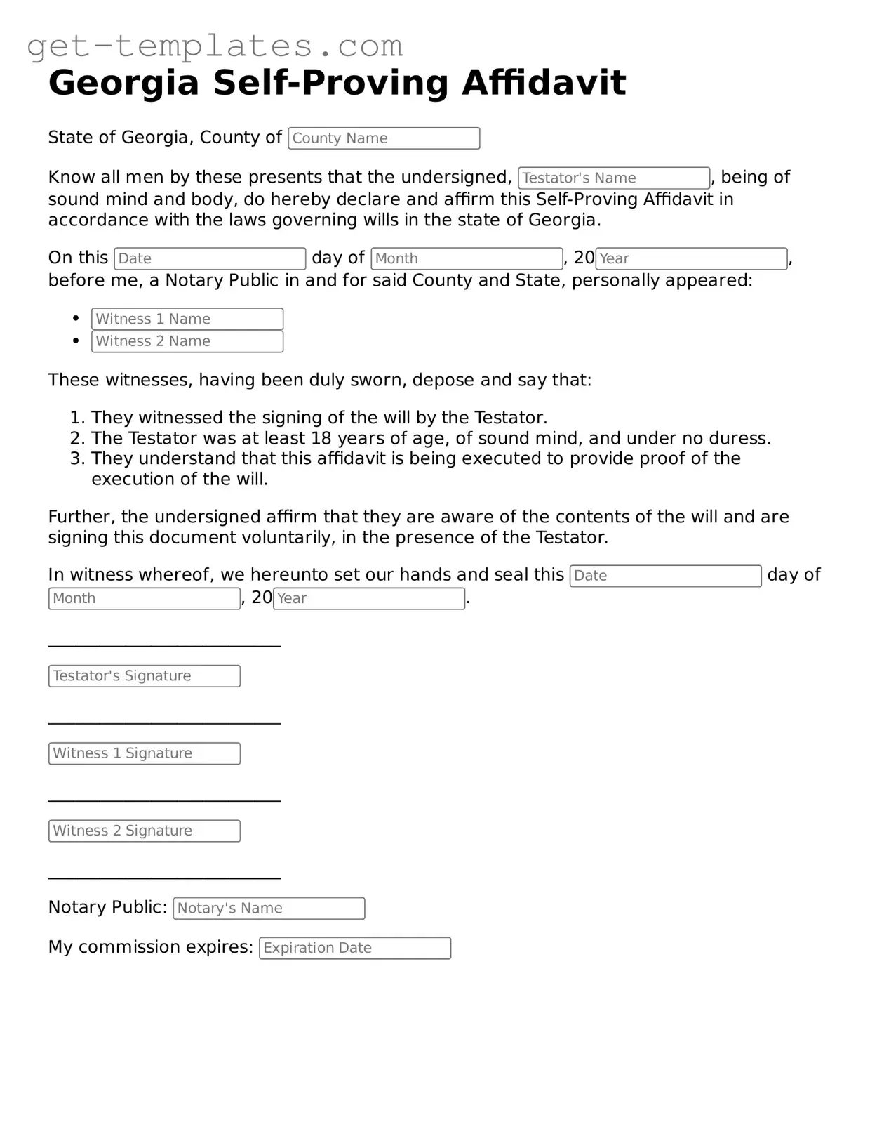 Attorney-Approved  Self-Proving Affidavit Document for Georgia