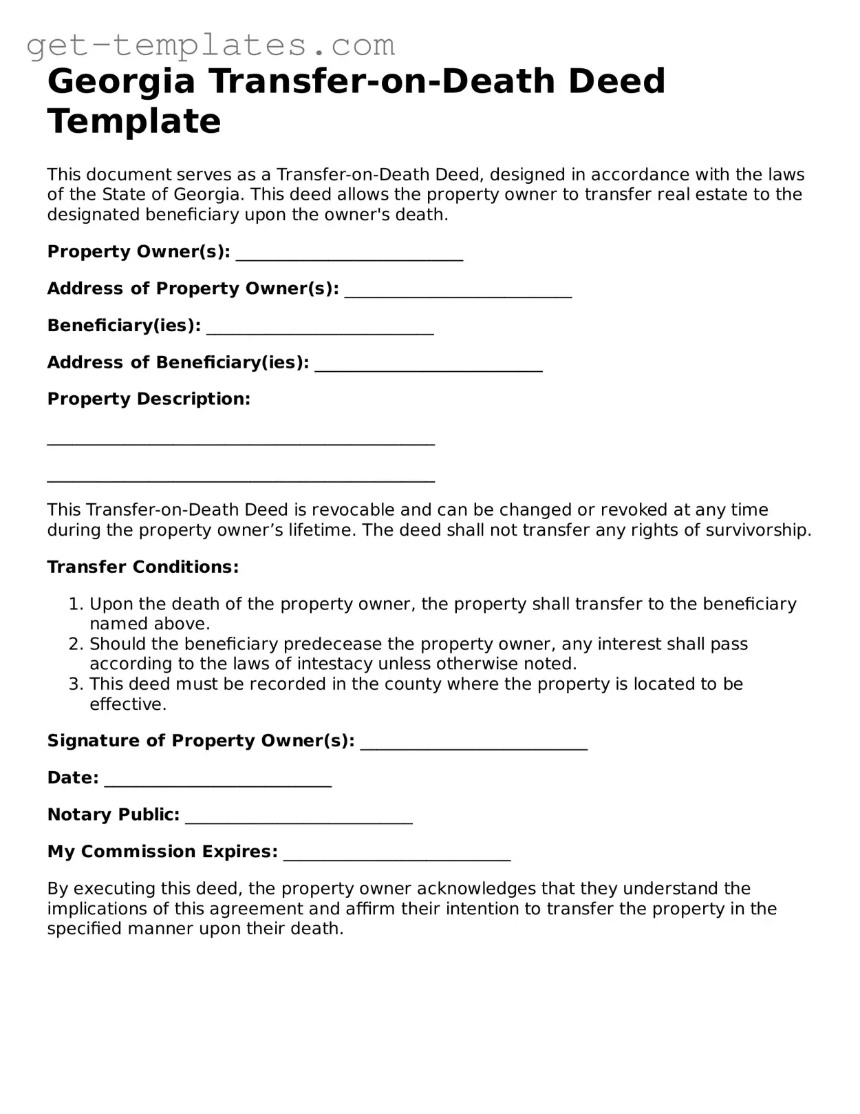 Attorney-Approved  Transfer-on-Death Deed Document for Georgia