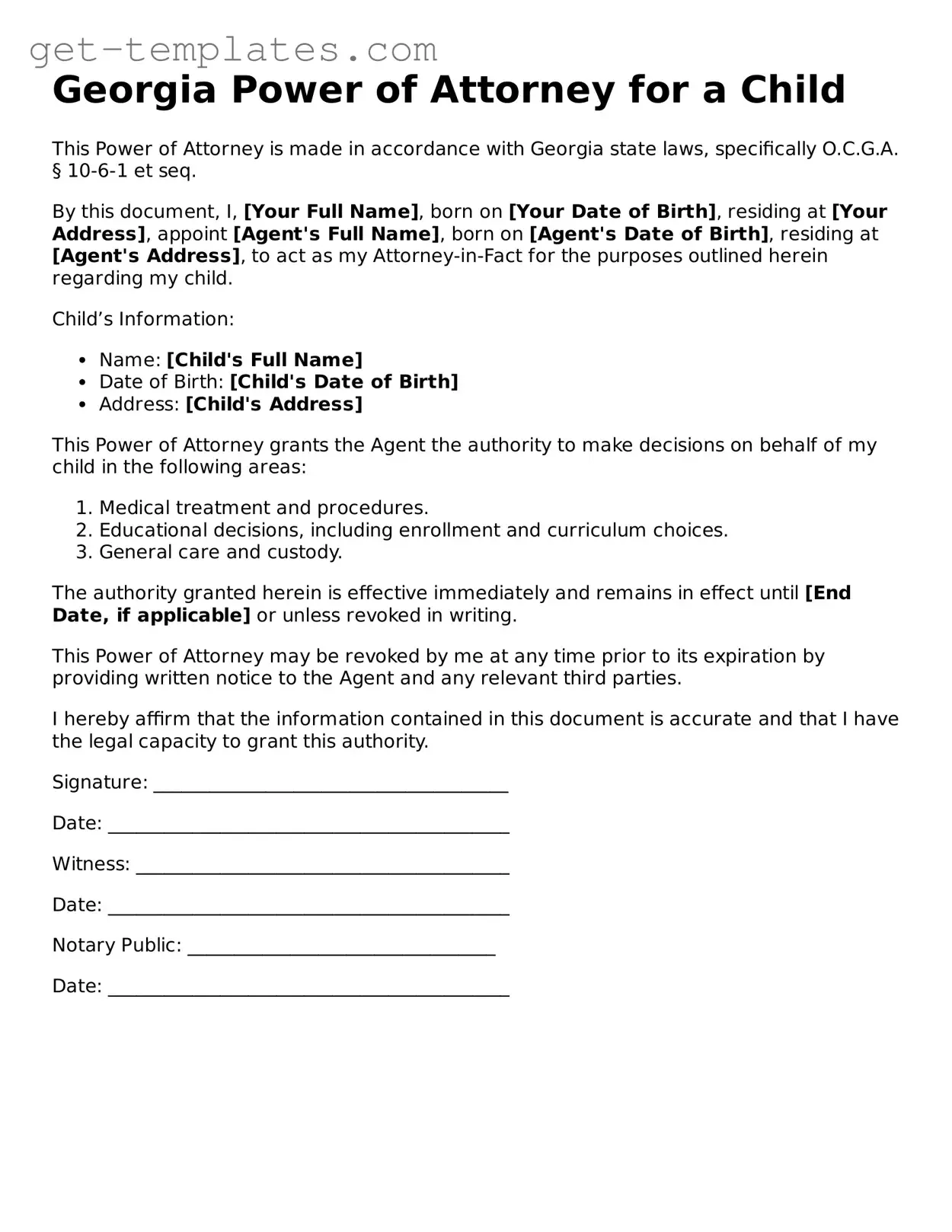Attorney-Approved  Power of Attorney for a Child Document for Georgia