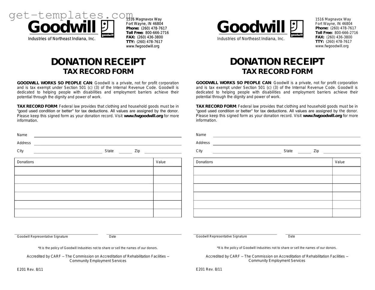 Fill in a Valid Goodwill donation receipt Template