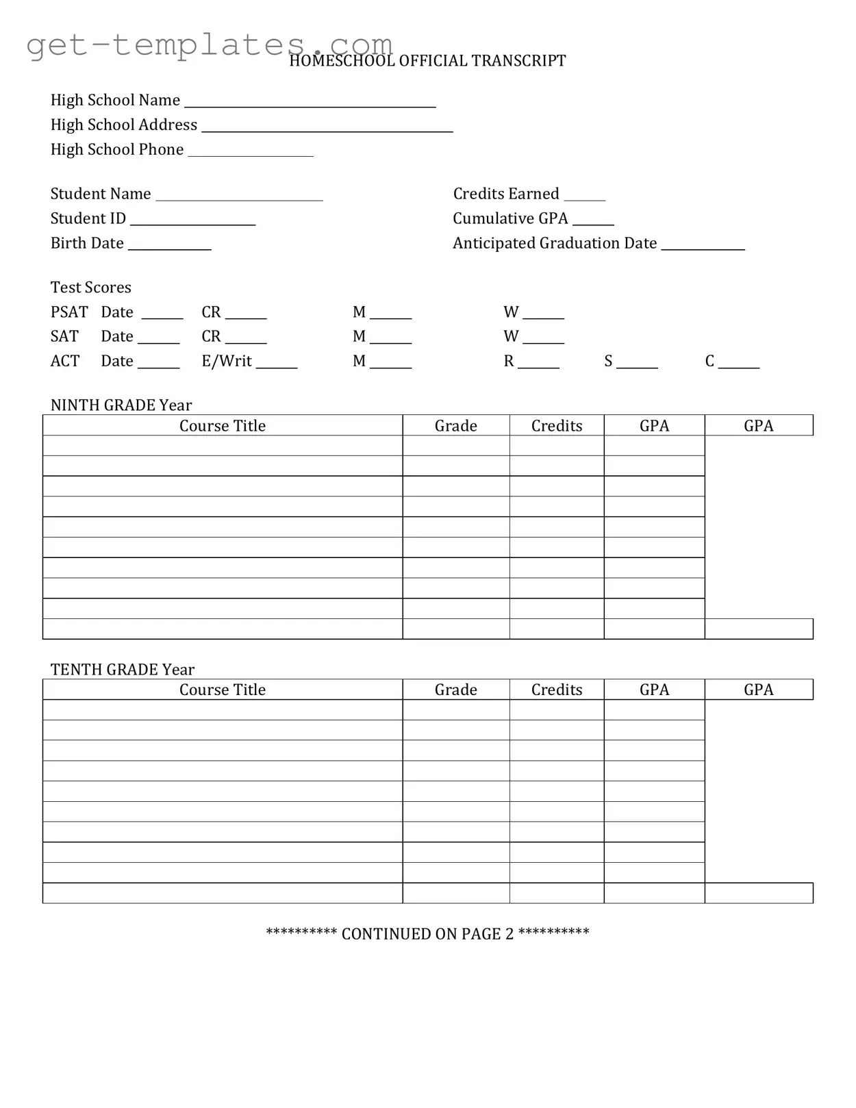 Fill in a Valid High School Transcript Template