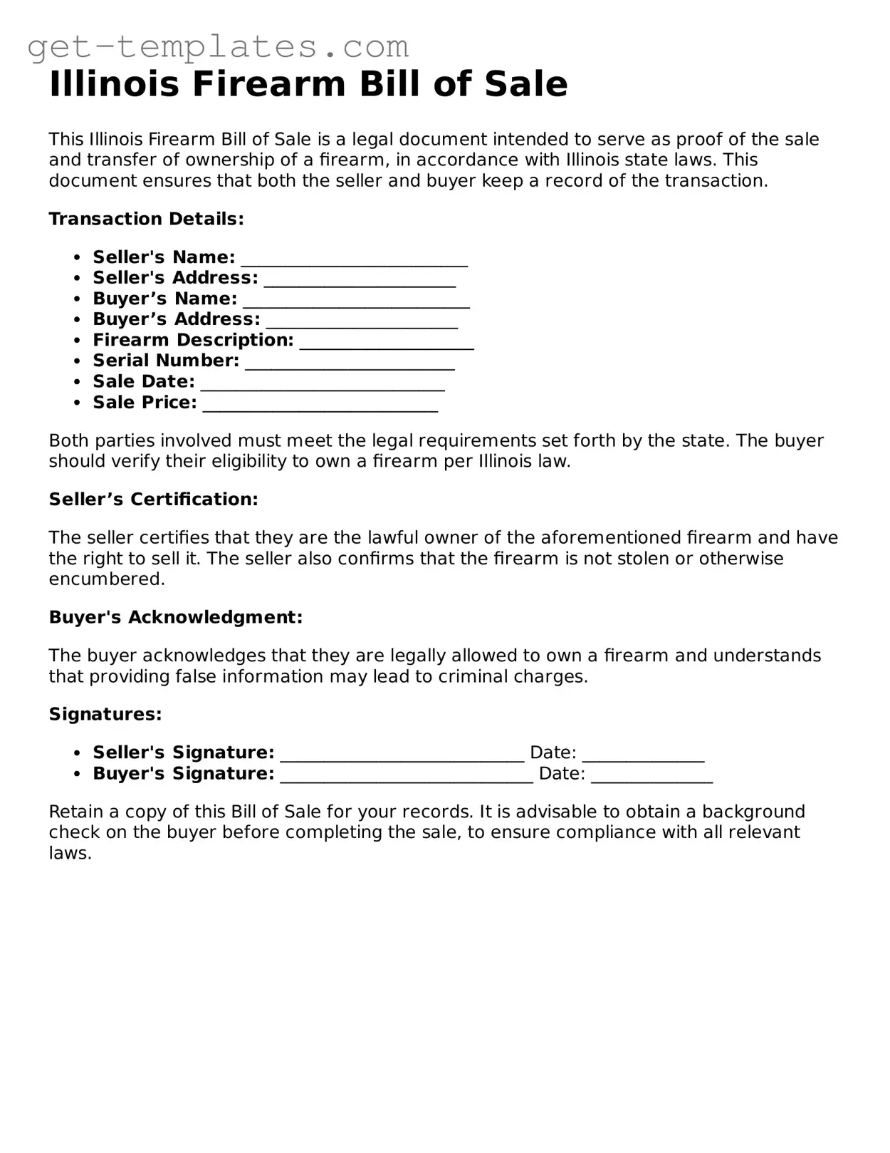 Attorney-Approved  Firearm Bill of Sale Document for Illinois