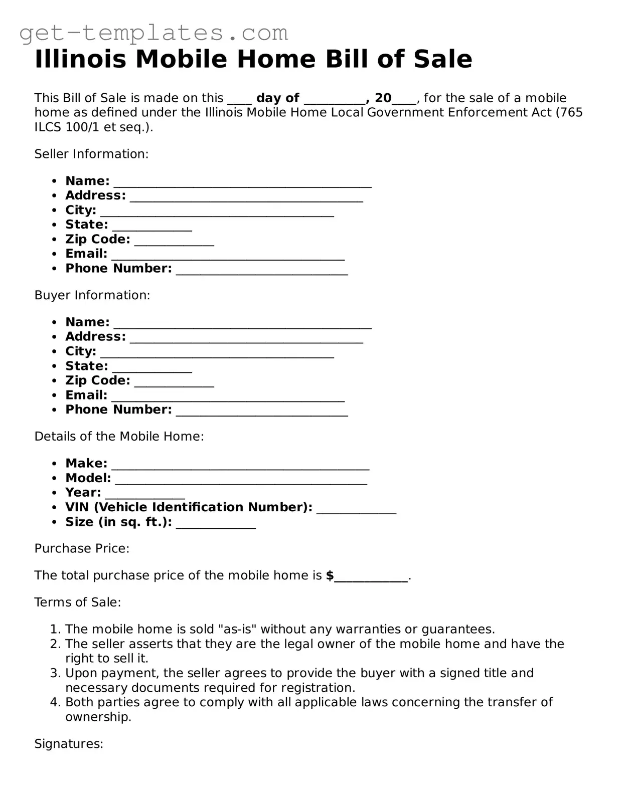 Attorney-Approved  Mobile Home Bill of Sale Document for Illinois