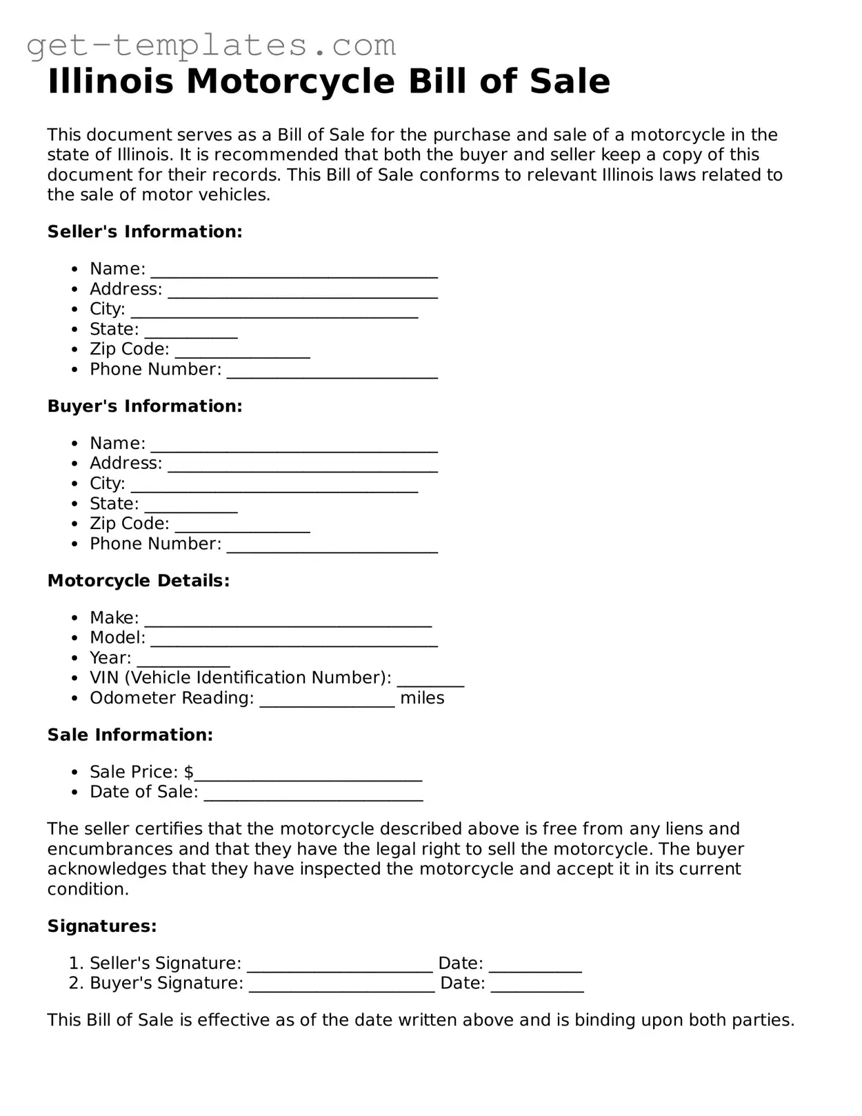 Attorney-Approved Motorcycle Bill of Sale Document for Illinois